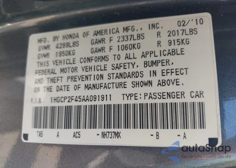 2010 Honda Accord 2.4 Lx-P z USA, uszkodzony, nr VIN 1HGCP2F45AA091911